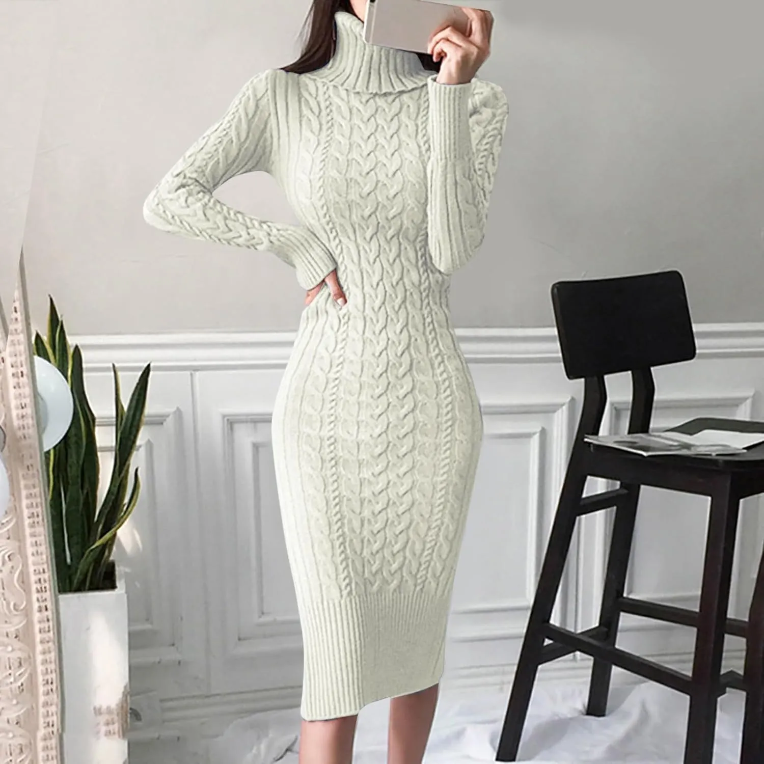 2024 Fall Sweater Dress for Women Long Sleeve Turtleneck Knit Ribbed Slim Fit Midi Dress Business Casual Outfits