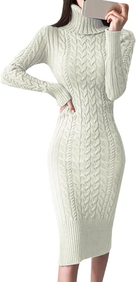 2024 Fall Sweater Dress for Women Long Sleeve Turtleneck Knit Ribbed Slim Fit Midi Dress Business Casual Outfits