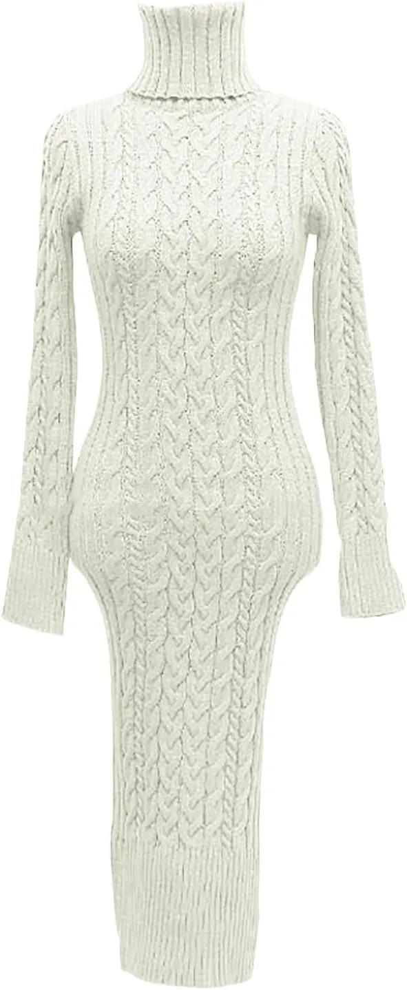 2024 Fall Sweater Dress for Women Long Sleeve Turtleneck Knit Ribbed Slim Fit Midi Dress Business Casual Outfits