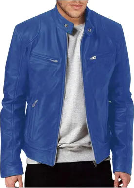 ADHOWBEW Mens Leather Jacket Stand Collar Windbreaker Zip Up Fashion Motorcycle Jackets