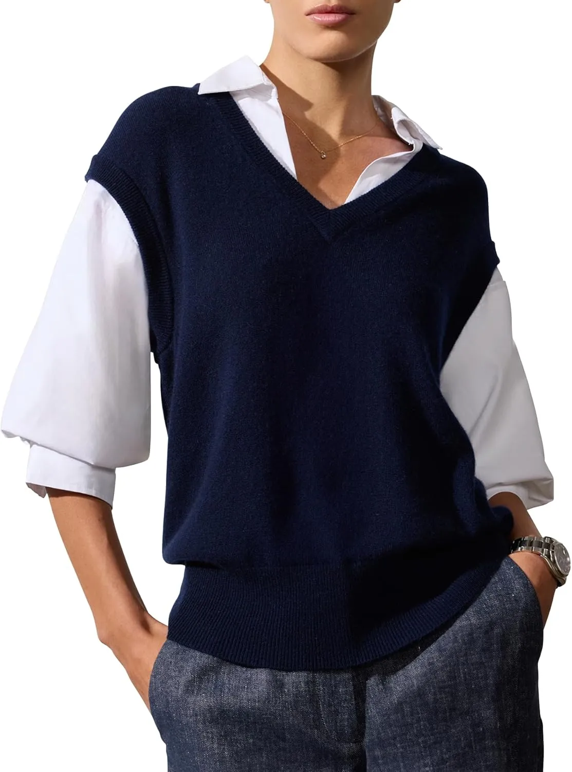 Brochu Walker The Kate Shirt Looker - V Neck Vest Sweater with White Shirt, Elbow-Length Blouson Sleeves, Wool/Cashmere Blend