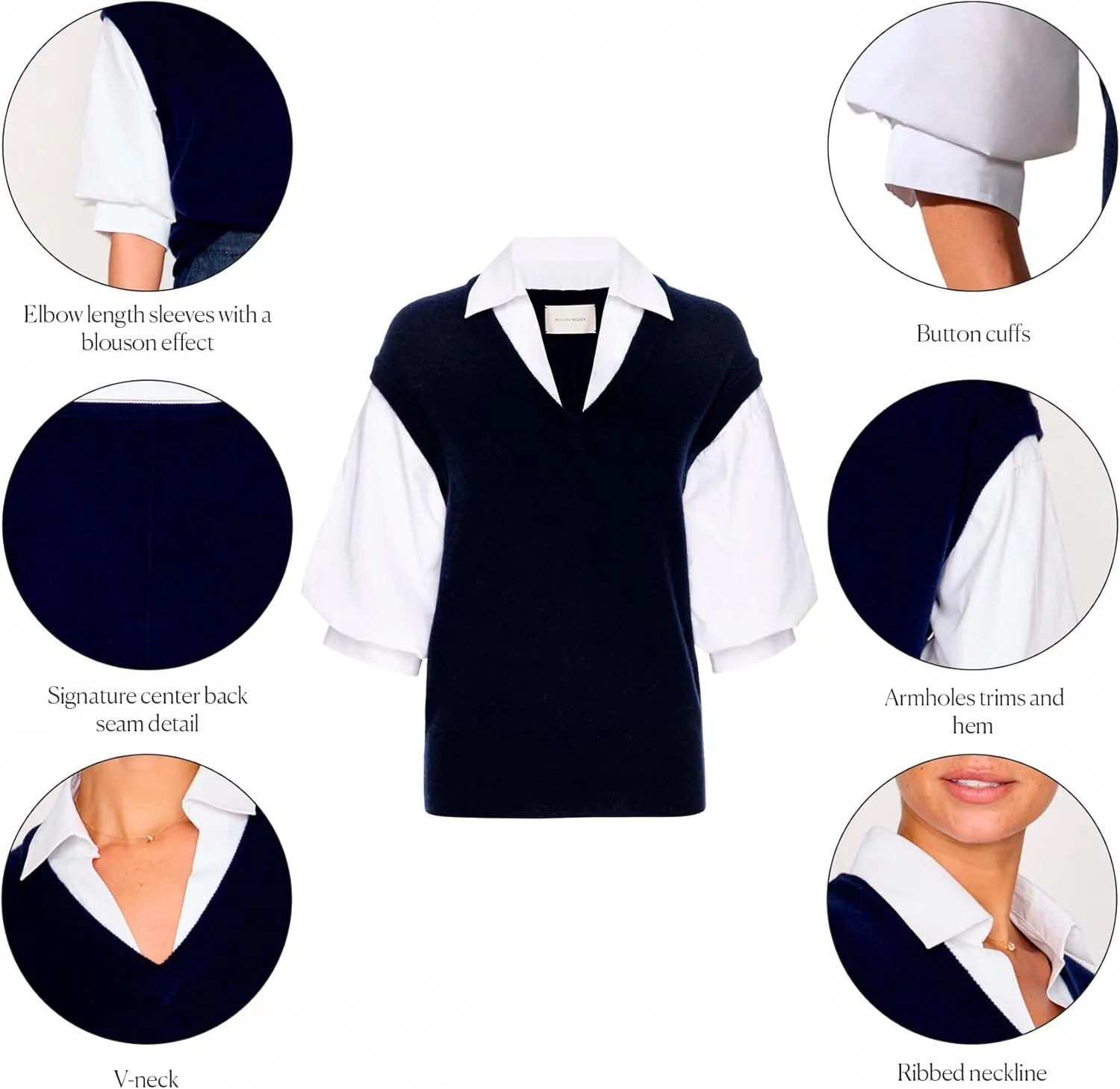 Brochu Walker The Kate Shirt Looker - V Neck Vest Sweater with White Shirt, Elbow-Length Blouson Sleeves, Wool/Cashmere Blend