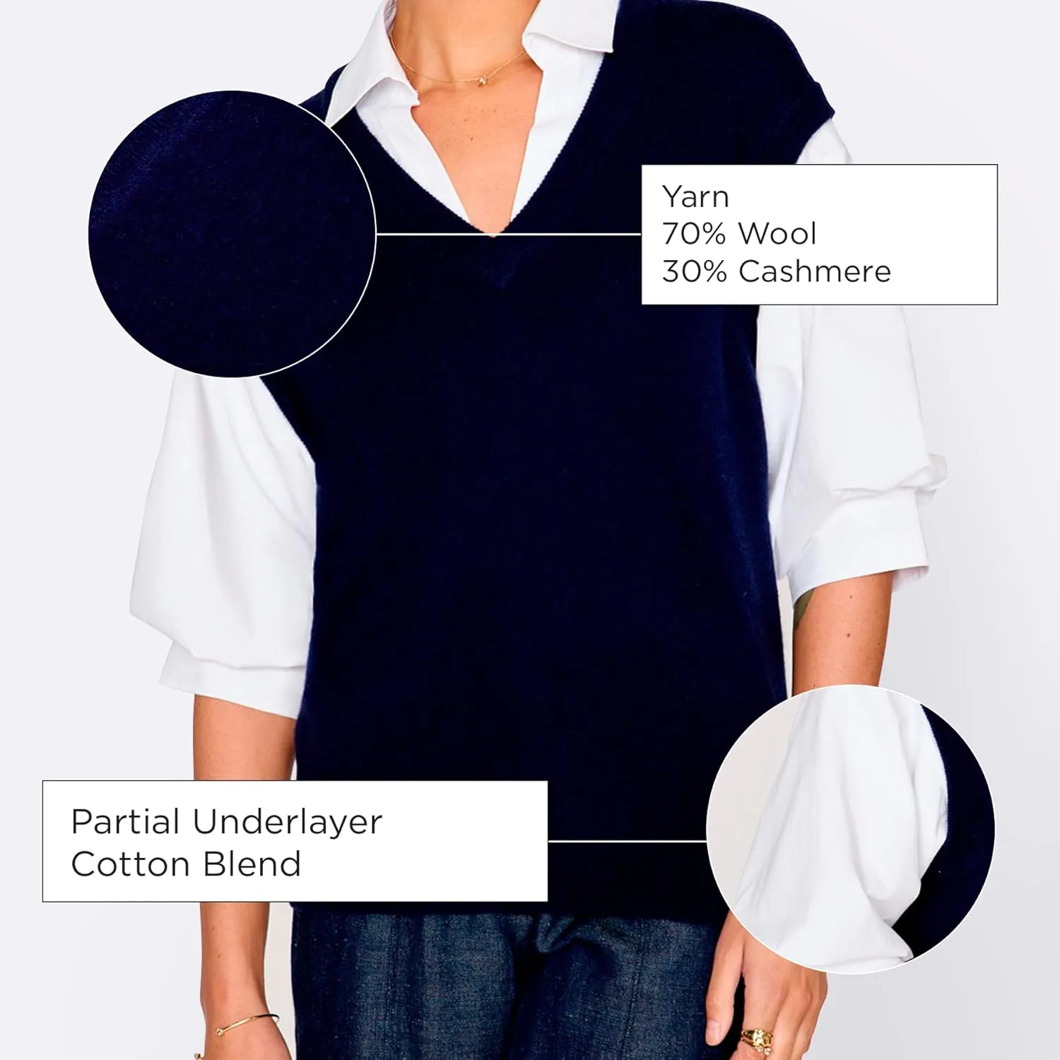 Brochu Walker The Kate Shirt Looker - V Neck Vest Sweater with White Shirt, Elbow-Length Blouson Sleeves, Wool/Cashmere Blend