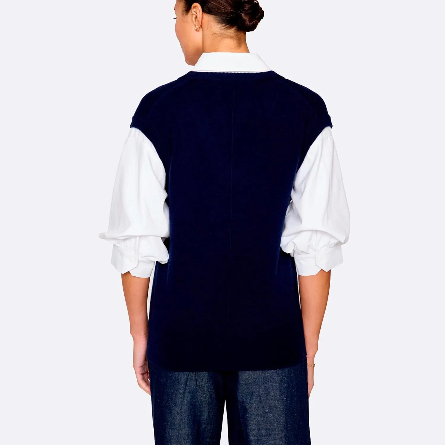Brochu Walker The Kate Shirt Looker - V Neck Vest Sweater with White Shirt, Elbow-Length Blouson Sleeves, Wool/Cashmere Blend