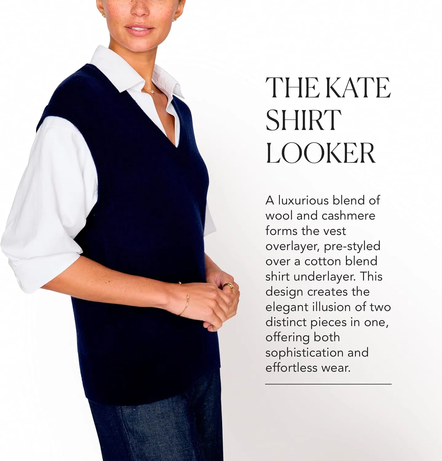 Brochu Walker The Kate Shirt Looker - V Neck Vest Sweater with White Shirt, Elbow-Length Blouson Sleeves, Wool/Cashmere Blend
