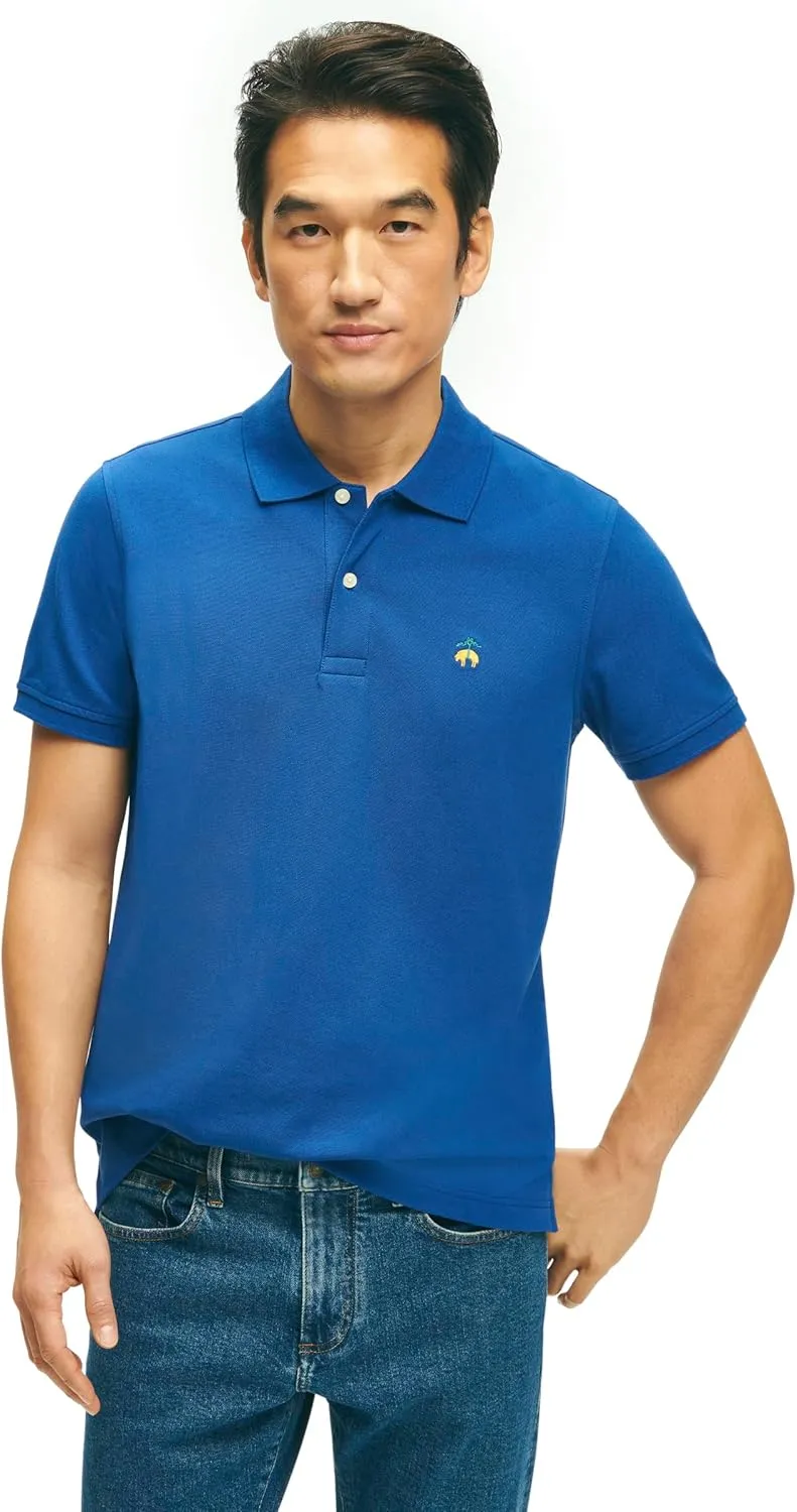 Brooks Brothers Men's Regular Fit Cotton Pique Stretch Logo Short Sleeve Polo Shirt, Blue, Medium