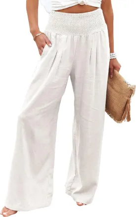 CHARTOU Women's Lightweight Smocked High Waist Straight Leg Cotton Linen Palazzo Beach Pants