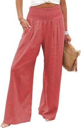 CHARTOU Women's Lightweight Smocked High Waist Straight Leg Cotton Linen Palazzo Beach Pants