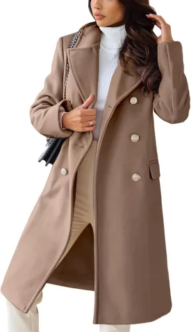 chouyatou Women's Winter Lapel Double Breasted Office Work Long Wool Pea Coat Overcoat