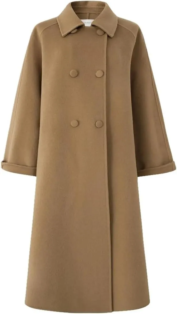 chouyatou Women's Winter Mid Long Wool Coat Double Breasted Business Casual Dressy Trench Coat Overcoat