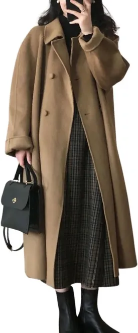 chouyatou Women's Winter Mid Long Wool Coat Double Breasted Business Casual Dressy Trench Coat Overcoat
