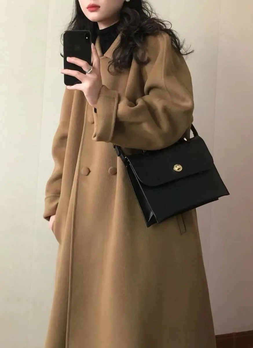 chouyatou Women's Winter Mid Long Wool Coat Double Breasted Business Casual Dressy Trench Coat Overcoat