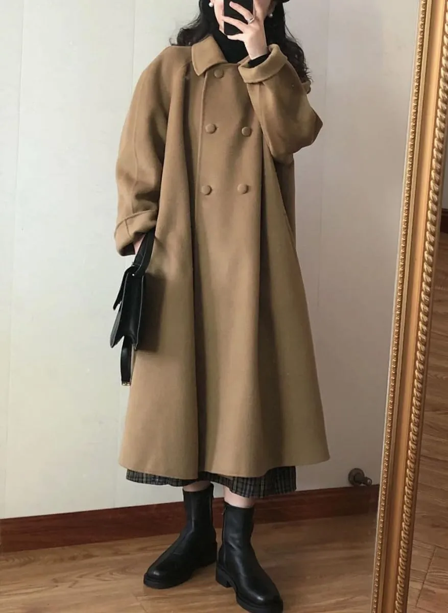 chouyatou Women's Winter Mid Long Wool Coat Double Breasted Business Casual Dressy Trench Coat Overcoat
