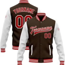 Custom Name Team Name Number Brown Red-White Bomber Full-Snap Two Tone Jacket