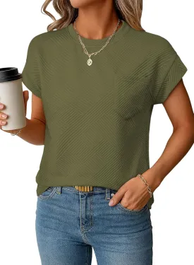 EVALESS Womens Summer Tops Crewneck Cap Sleeve Dressy Casual Business Textured Solid Loose Basic T Shirts Tee Blouses