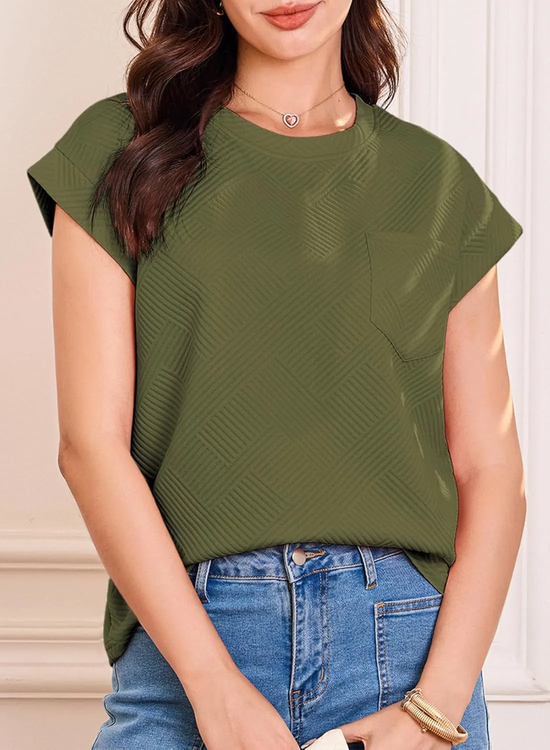 EVALESS Womens Summer Tops Crewneck Cap Sleeve Dressy Casual Business Textured Solid Loose Basic T Shirts Tee Blouses