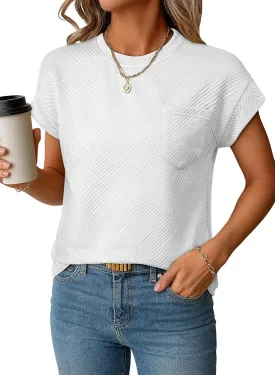 EVALESS Womens Summer Tops Crewneck Cap Sleeve Dressy Casual Business Textured Solid Loose Basic T Shirts Tee Blouses