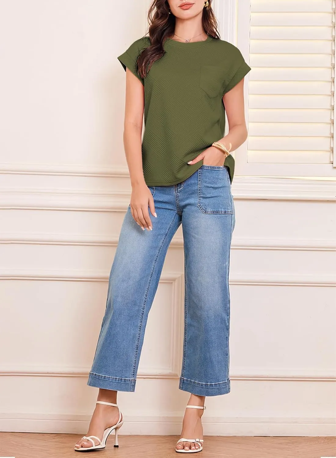 EVALESS Womens Summer Tops Crewneck Cap Sleeve Dressy Casual Business Textured Solid Loose Basic T Shirts Tee Blouses