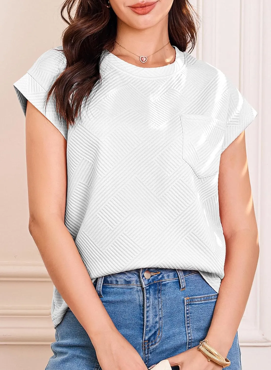 EVALESS Womens Summer Tops Crewneck Cap Sleeve Dressy Casual Business Textured Solid Loose Basic T Shirts Tee Blouses