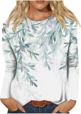 Fall Shirts for Women 2024 Dressy Casual Long Sleeve Crewneck Blouses Floral Print Tunic Tops Cotton Tshirt