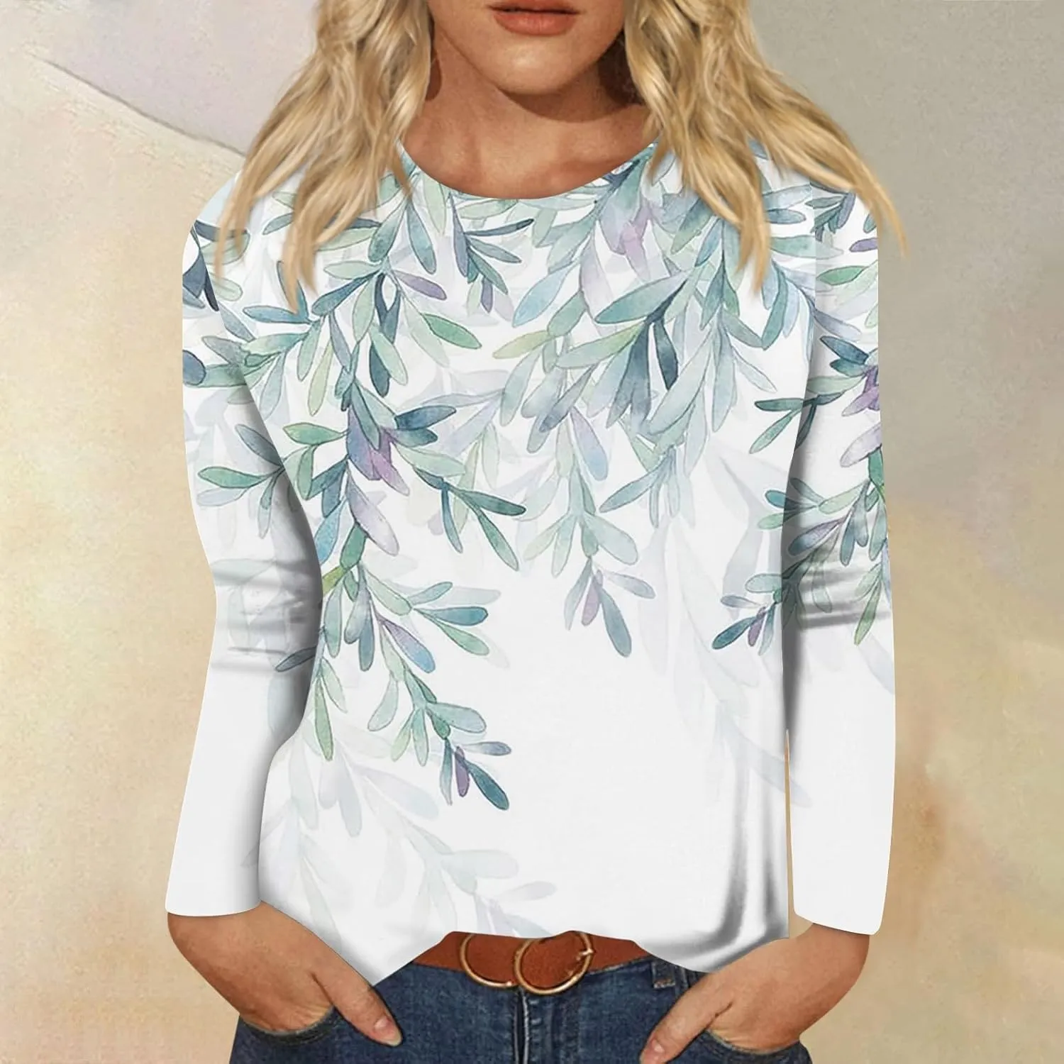 Fall Shirts for Women 2024 Dressy Casual Long Sleeve Crewneck Blouses Floral Print Tunic Tops Cotton Tshirt