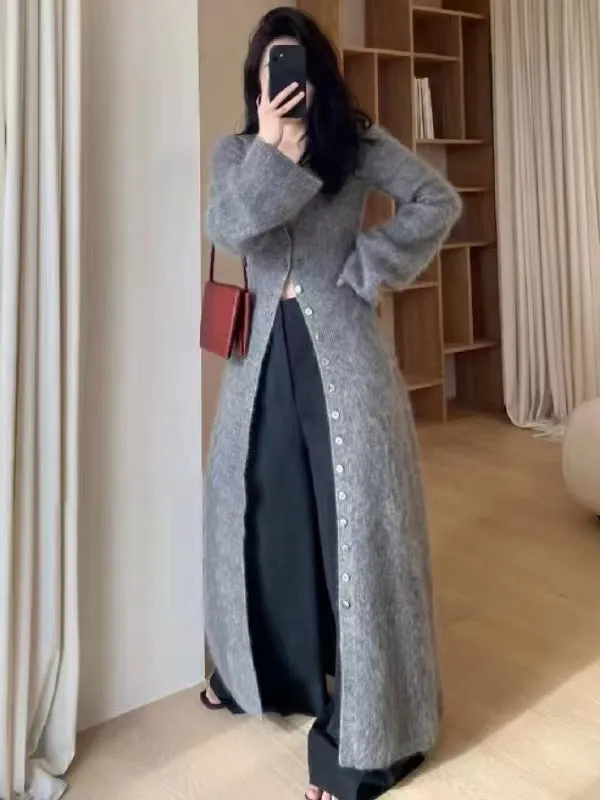 Fashionkova datenight fall outfits Fall/Winter 2024 French Style Long Waist Slimming Knitted Cardigan High-Grade Temperament Sweater Coat for Women