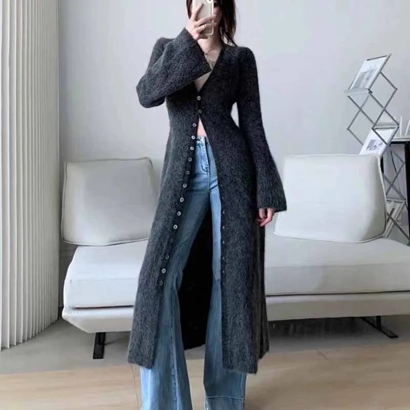 Fashionkova datenight fall outfits Fall/Winter 2024 French Style Long Waist Slimming Knitted Cardigan High-Grade Temperament Sweater Coat for Women