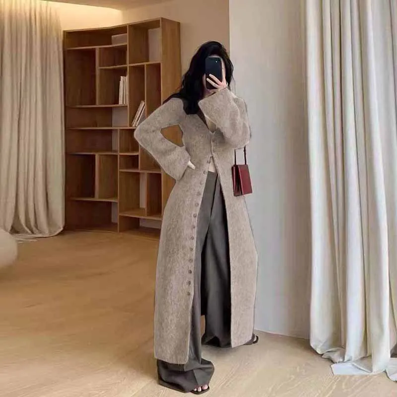 Fashionkova datenight fall outfits Fall/Winter 2024 French Style Long Waist Slimming Knitted Cardigan High-Grade Temperament Sweater Coat for Women