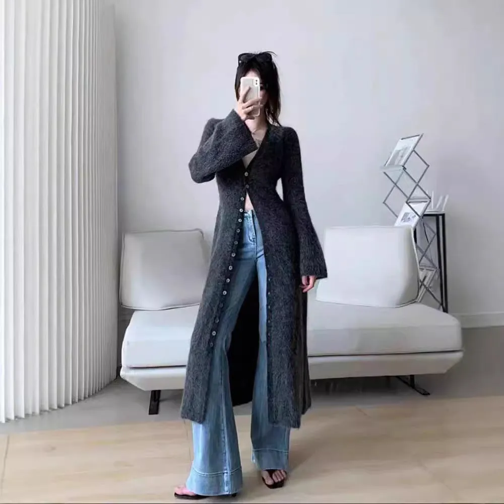Fashionkova datenight fall outfits Fall/Winter 2024 French Style Long Waist Slimming Knitted Cardigan High-Grade Temperament Sweater Coat for Women