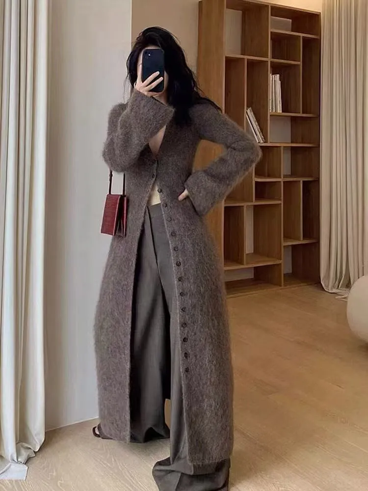Fashionkova datenight fall outfits Fall/Winter 2024 French Style Long Waist Slimming Knitted Cardigan High-Grade Temperament Sweater Coat for Women