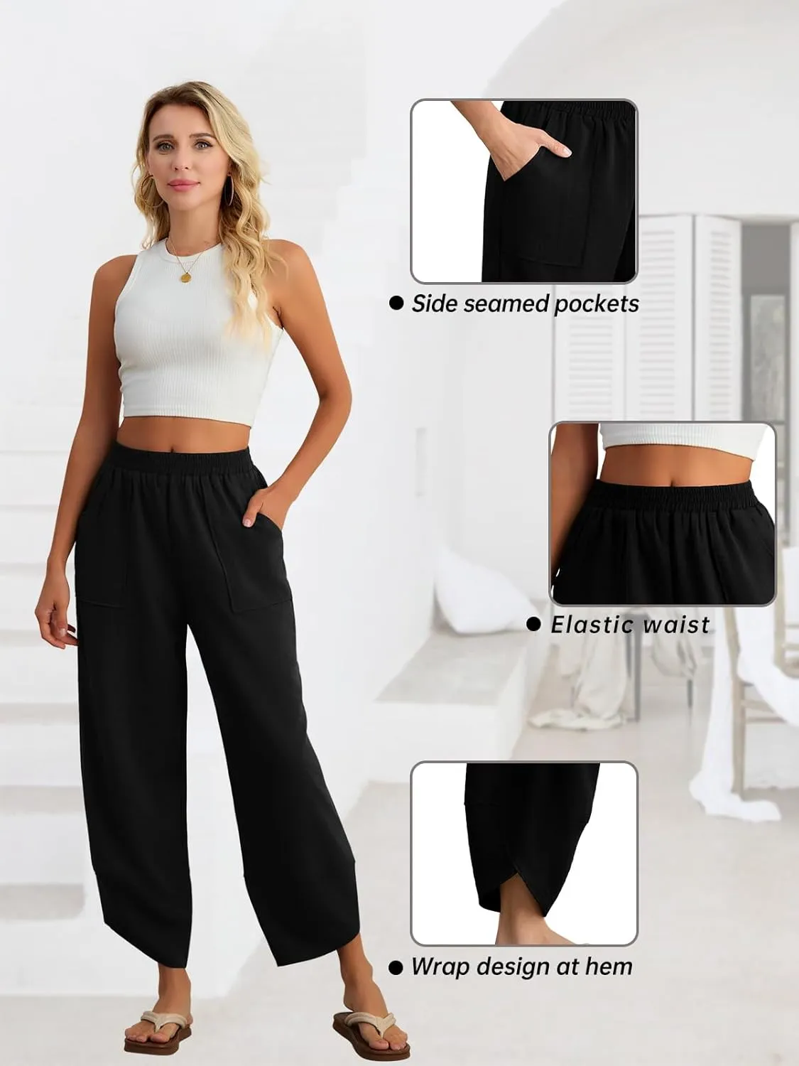 Feiersi Womens Baggy Wide Leg Pants Elastic Waisted Casual Palazzo Harem Pants Summer Beach Trousers