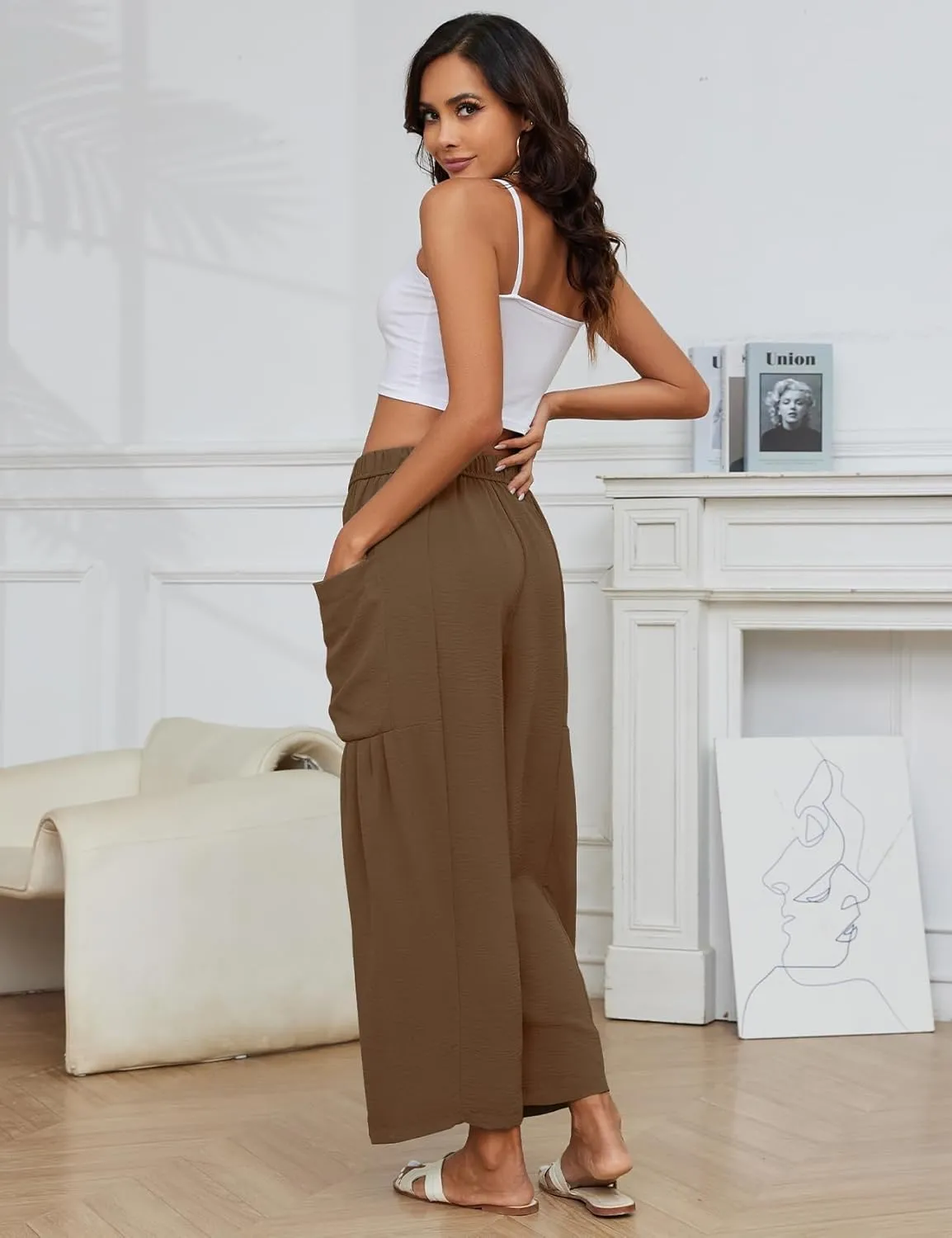 Flygo Women's Wide Leg Pants Summer Casual Loose Fit Beach Palazzo Harem Pants with Pockets