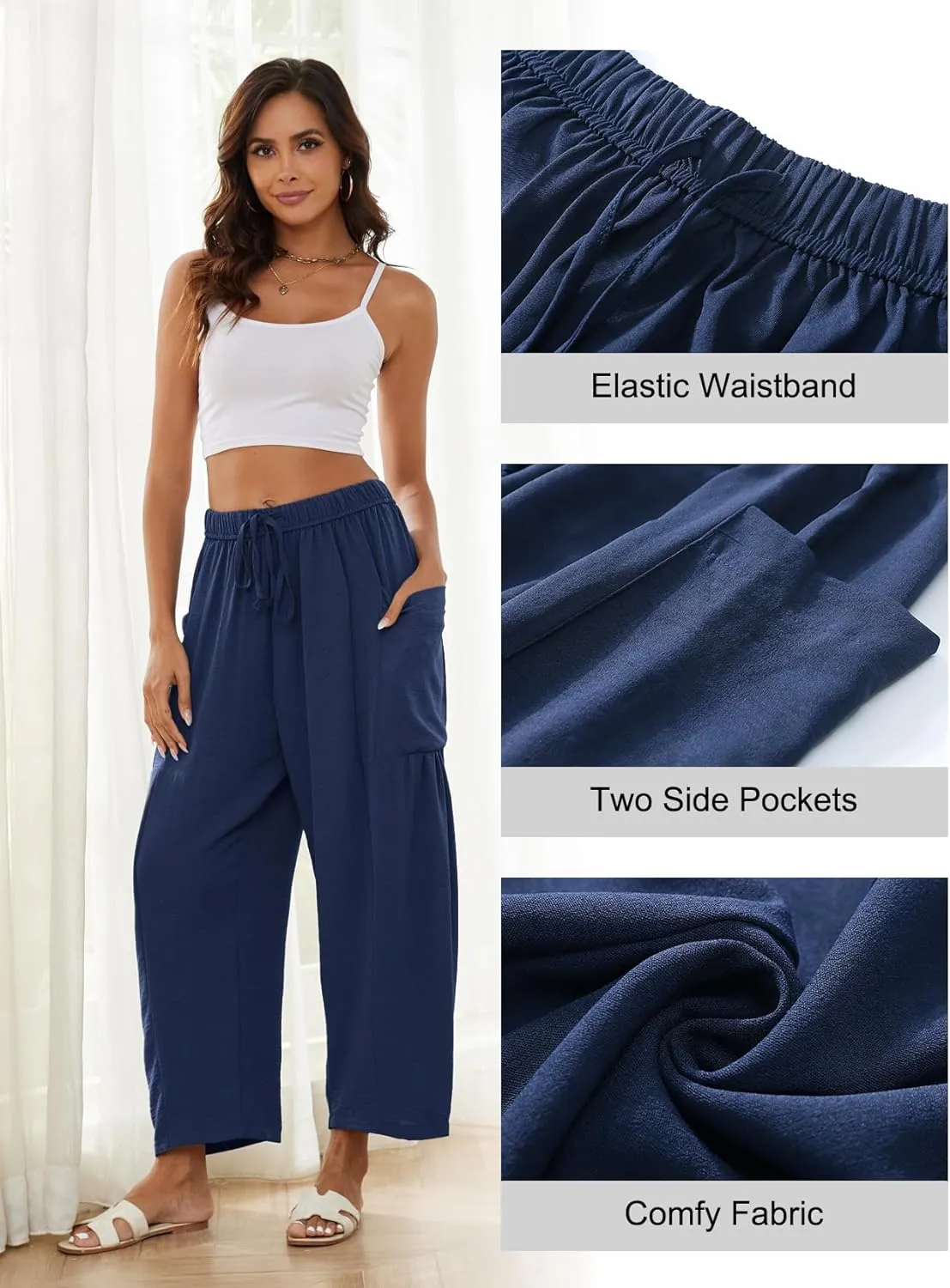 Flygo Women's Wide Leg Pants Summer Casual Loose Fit Beach Palazzo Harem Pants with Pockets