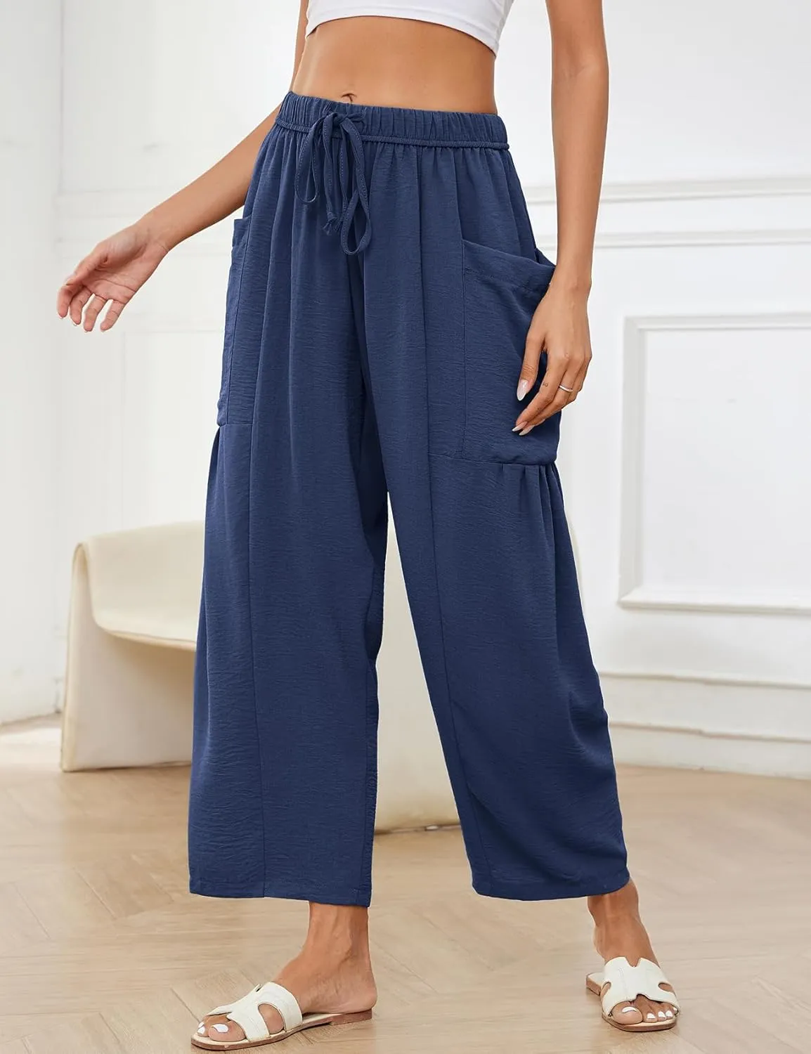 Flygo Women's Wide Leg Pants Summer Casual Loose Fit Beach Palazzo Harem Pants with Pockets