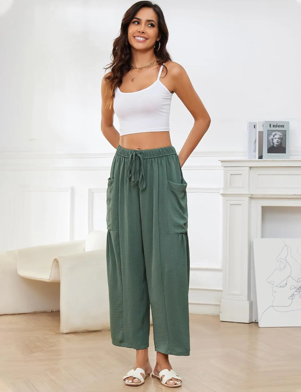 Flygo Women's Wide Leg Pants Summer Casual Loose Fit Beach Palazzo Harem Pants with Pockets