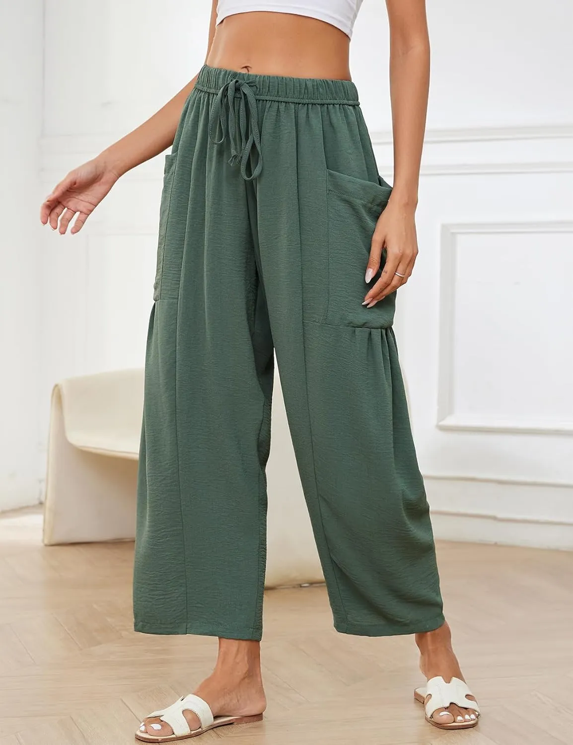 Flygo Women's Wide Leg Pants Summer Casual Loose Fit Beach Palazzo Harem Pants with Pockets