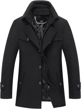 INVACHI Men's Wool Blend Coat Warm Winter Trench Coat with Detachable Soft Scarf Single Breasted Pea Coat