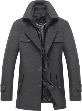 INVACHI Men's Wool Blend Coat Warm Winter Trench Coat with Detachable Soft Scarf Single Breasted Pea Coat