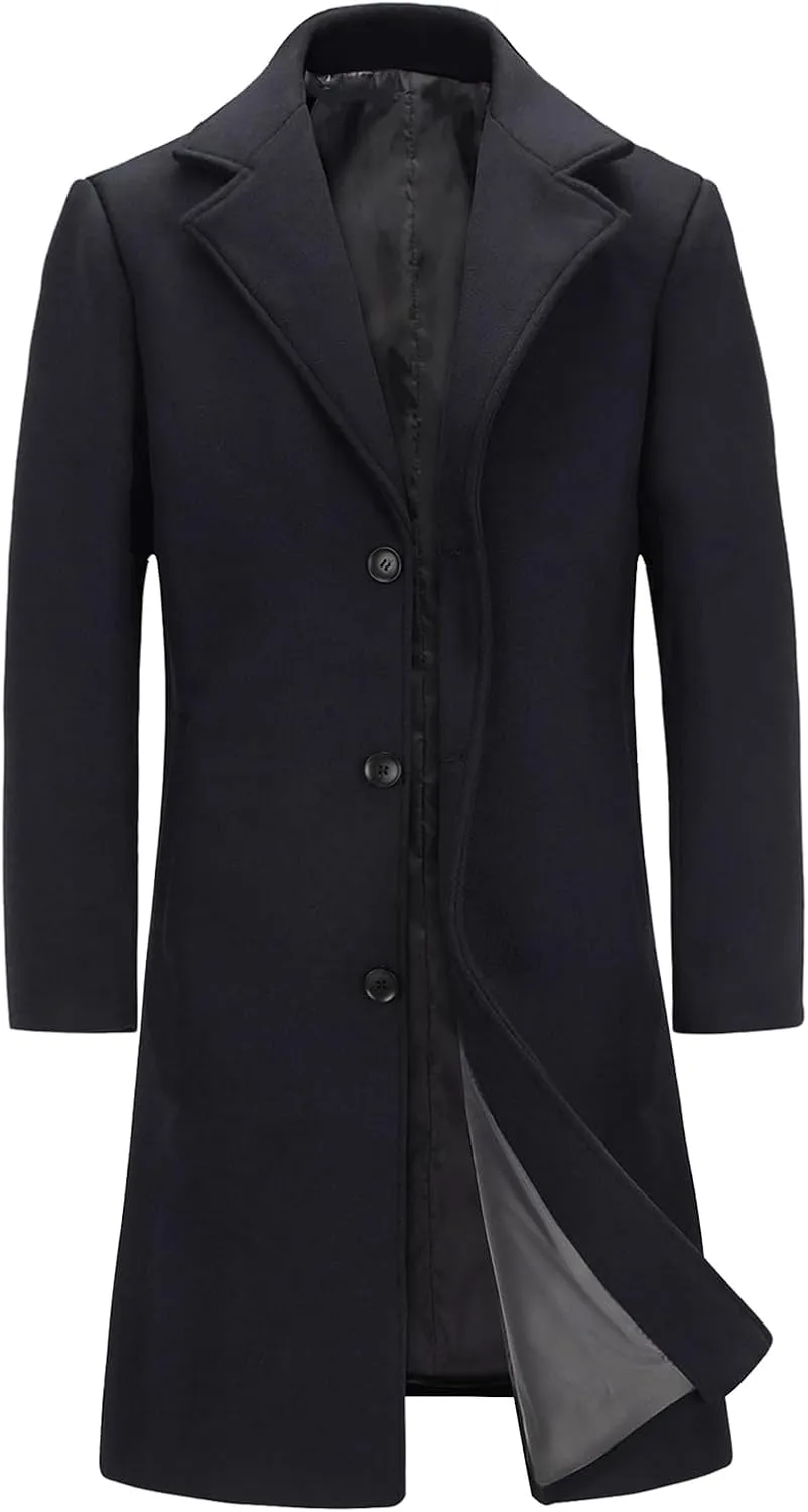 INVACHI Men's Wool Blend Long Trench Coat Notched Collar Single Breasted Overcoat Warm Winter Pea Coat