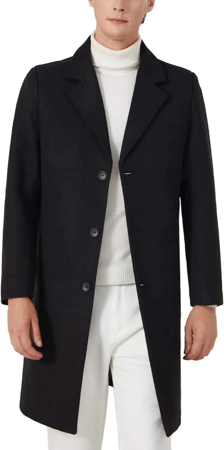 INVACHI Men's Wool Blend Long Trench Coat Notched Collar Single Breasted Overcoat Warm Winter Pea Coat