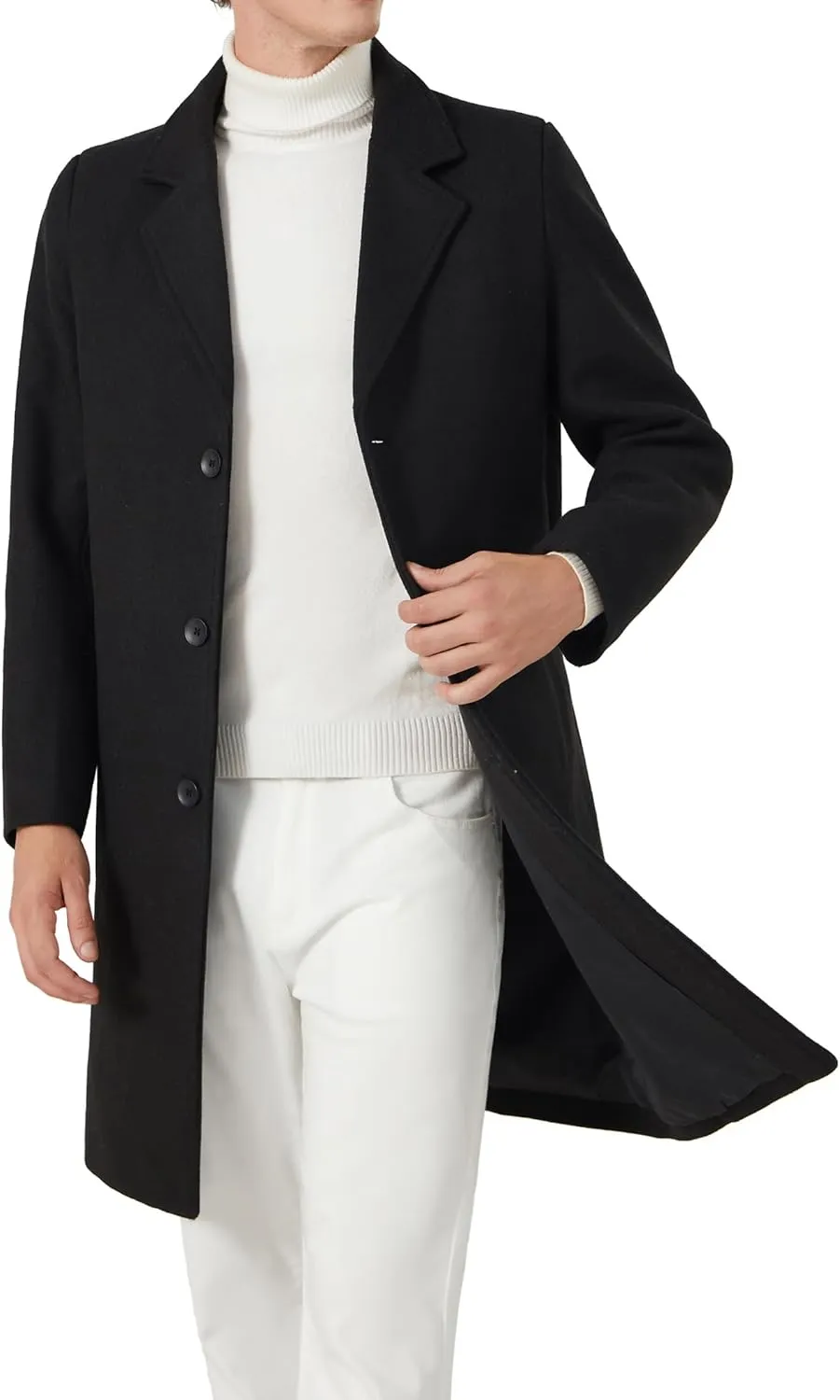 INVACHI Men's Wool Blend Long Trench Coat Notched Collar Single Breasted Overcoat Warm Winter Pea Coat
