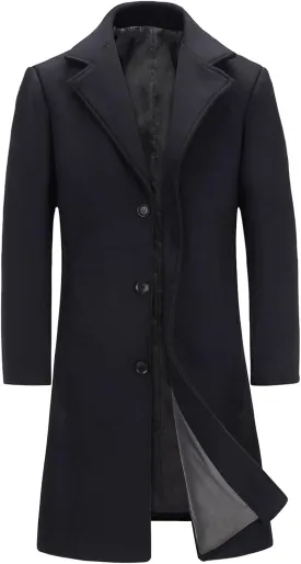 INVACHI Men's Wool Blend Long Trench Coat Notched Collar Single Breasted Overcoat Warm Winter Pea Coat