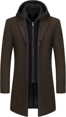 Lamgool Men's Winter Long Coat Wool Blend Single Breasted Overcoat With Removable Hood