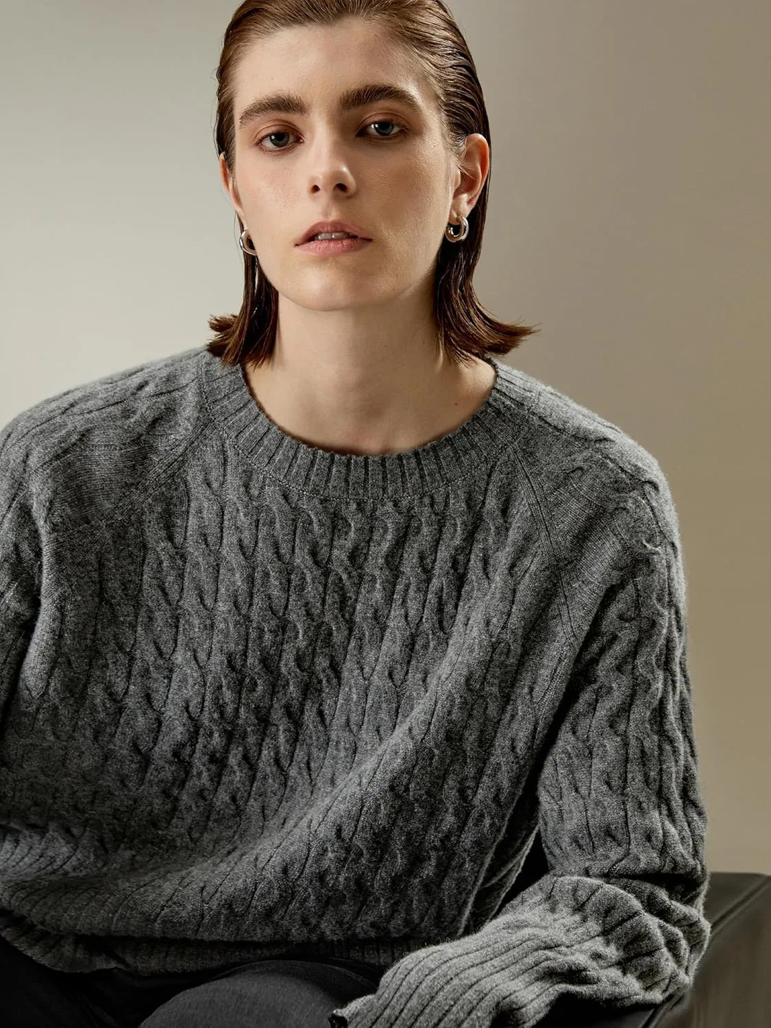 LilySilk 100% Baby Cashmere Cable Knit Sweater for Women Overisize Crew Neck Long Sleeves Pullover Jumper