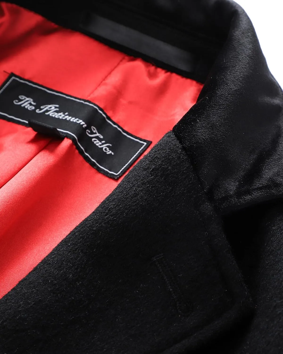 Mens Black Overcoat Wool & Cashmere Covert Warm Winter Mod Coat Velvet Collar & Red Satin Lining