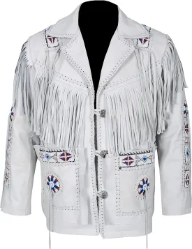 Men's Traditional Western Wear Native Cowboy White Leather Jacket Coat Fringe Beading (US, Alpha, 3X-Large, Regular, Regular, White)