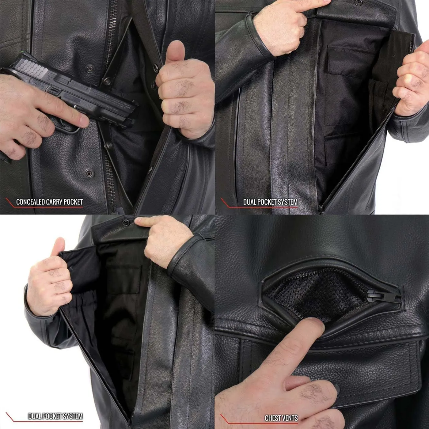 Milwaukee Leather MLM1506 Men's Black Premium Leather Motorcycle Jacket w/Utility Pockets Cool-Tec Leather Treatement