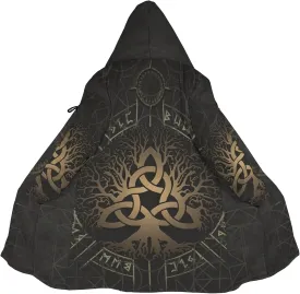 Norse Myth Nine Realms Winter Coats for Men Plus Size Viking Runes Fuzzy Soft Faux Cashmere Hooded Cloak, Parka Robe