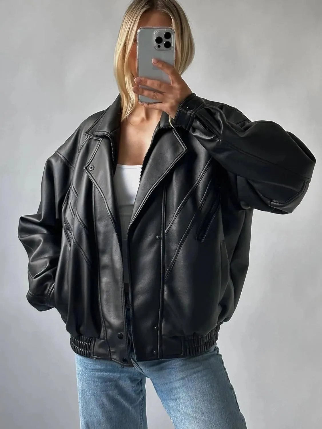 Oversized Leather Jacket for Women Distressed Black Lambskin Handmade Bomber Style coat