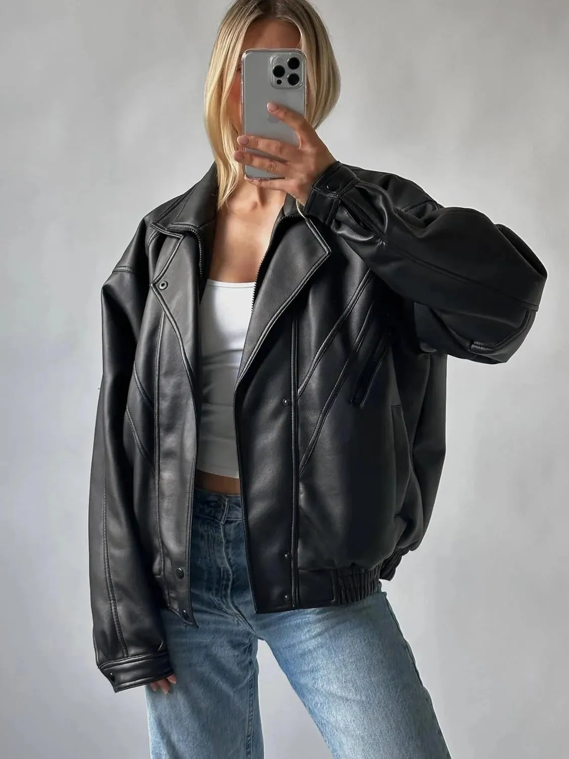 Oversized Leather Jacket for Women Distressed Black Lambskin Handmade Bomber Style coat